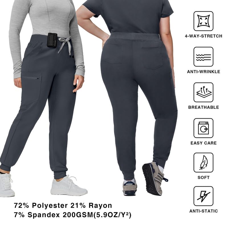Image of Kitmaz Scrub Pants for Women - Mid Rise 4-Way Stretch Anti-Wrinkle Slim Fit Jogger Pants, Drawstring & 5 Pockets