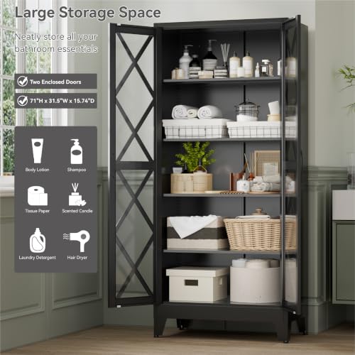 Image of 71 inch Tall Display Cabinet with Glass Doors, Farmhouse Metal Storage Glass Cabinet with 4 Adjustable Shelves, Black Vintage Tall Storage Cabinet for Collectibles,Curio, Books, Chinaware, Figures