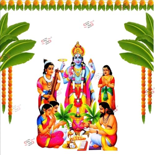 Image of S2S Traditional Satyanarayana Backdrop Decoration Cloth | for Pooja Decoration Background Curtain Cloth | for All Festivals /House Hold Functions /Ceremonies - (5 x 5 Feet) (SATYA Narayana)