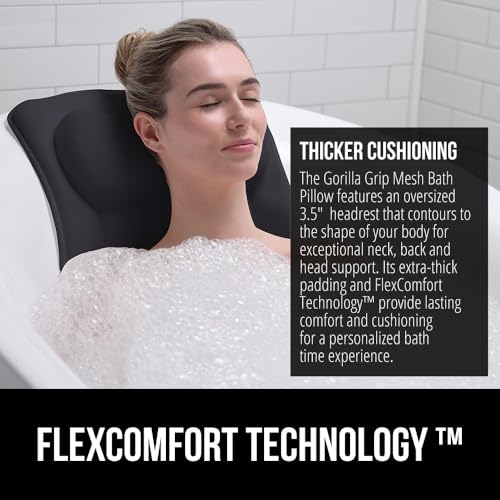 Image of GORILLA GRIP Bath Pillow for Tub, 6 Strong Suction Cups, 4D Mesh FlexComfort Headrest for Neck, Head and Back Support, Luxury Machine Washable Pillows, Bathtub Accessories, Spa Gifts for Women, Black