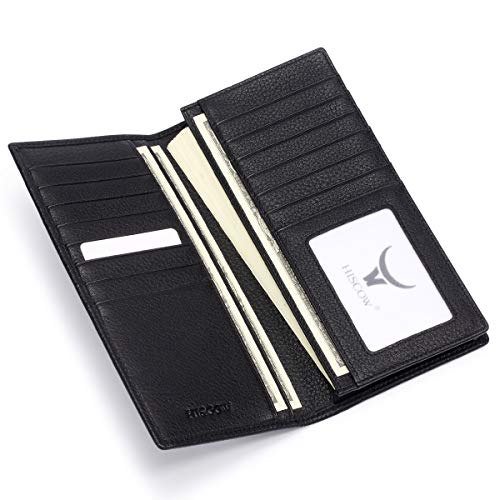 Image of HISCOW Full Grain Leather Men's Long Wallet, 15 Card Slots, Pebbled Black, One Size, Classic | Gusseted bill compartment, tall bifold design, clear ID window, ideal for coat pockets or briefcases, turned-edge, gift box