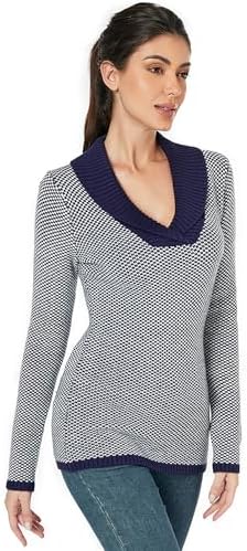 AmélieBoutik Women Color Trim Collar V Neck Long Sleeve Plaid Kni...