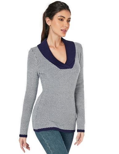 AmélieBoutik Women Color Trim Collar V Neck Long Sleeve Plaid Kni...