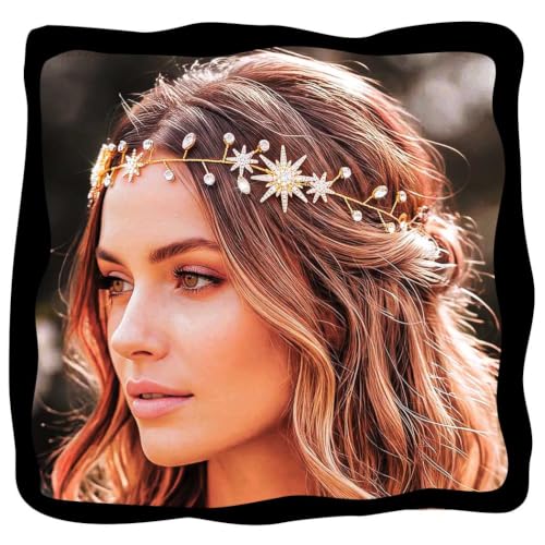 CASDRE Gold Celestial Bridal Headbands Wedding Star Hair Vine for Women