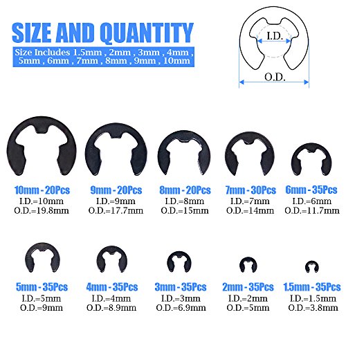 Glarks 300-Pieces 10 Size Black Alloy Steel E-Clip External Retaining Ring Washer Assortment Set