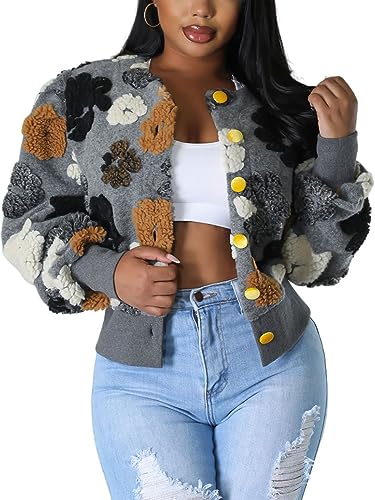 Alunzoem Wool Coats for Women Flower Bomber Jacket Long Sleeve Button Down Fashion Sweater Jackets Outerwear