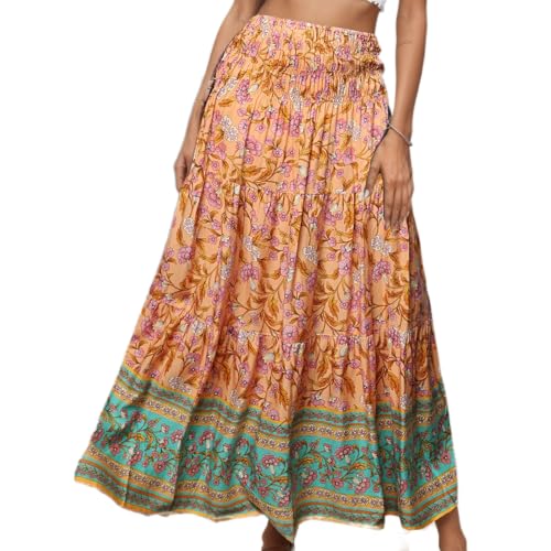 Women's Floral Print Boho Maxi Skirts Bohemian High Waist Smocked Ruffle Tiered A Line Flowy Long Skirts