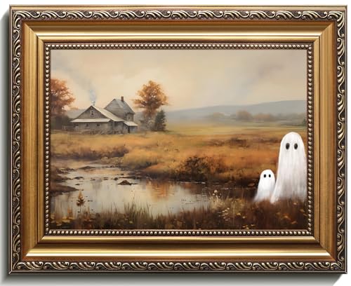 Vintage Gold Framed Halloween Wall Art, Cute Ghosts in Field Canv...
