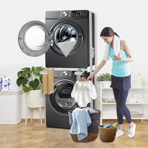 Image of Washer and Dryer Stacking Kit - Universal Stacking Kit with Pull-Out Drying Rack for Laundry Room - Adjustable 24 inch - 29 inch - Space-Saving