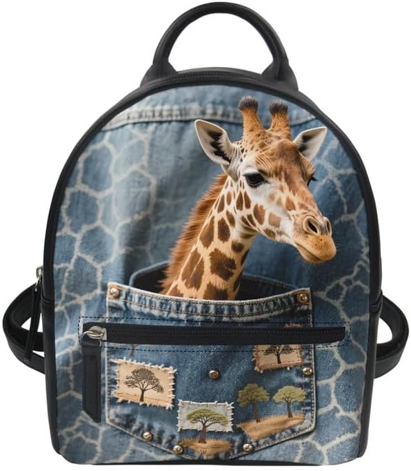 Fun Giraffe Mini Backpack Purse for Women, Novelty Jeans Pocket Animal Small Casual Daypacks for Ladies, PU Leather Top Handle Shoulder Bag
