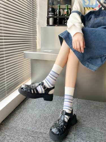 Image of 5 /10 Pairs Retro Style Colorful Striped Socks, Cute Athletic Crew socks for Women