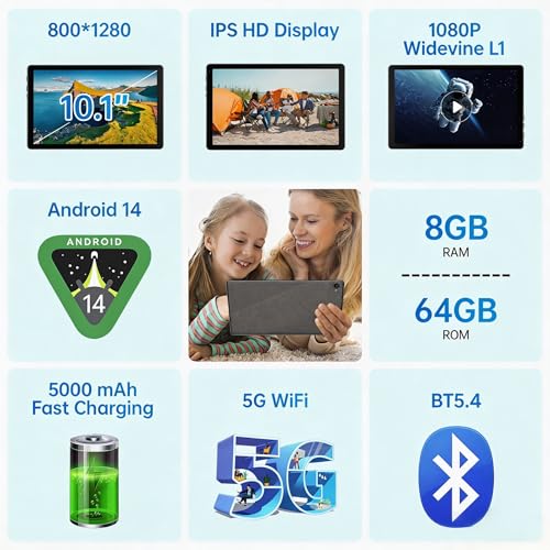 Image of Android 14 Tablet 10 Inch 8GB RAM 64GB ROM 1TB Expand, Octa-Core Processor, Widevine L1 HD IPS Touchscreen, WiFi 6 BT5.4 Dual Camera Face Unlock Tablet, Black