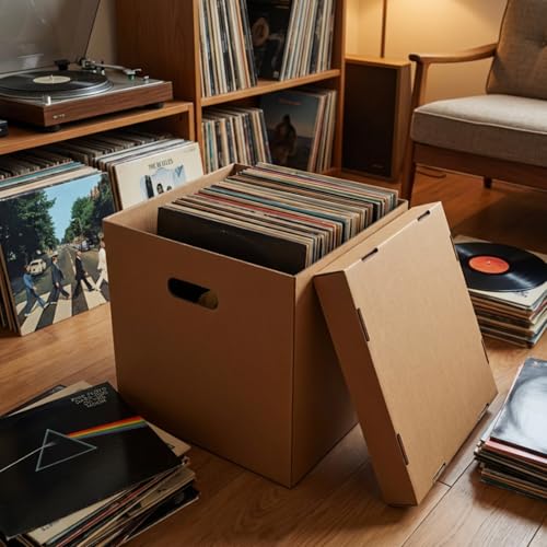 Image of Schliersee Moving Boxes Set of 7, 13.4x13x13 Brown Square Corrugated Record Boxes Reinforced Handles with Removable Lid for Storage, Packaging, Moving, Carrying