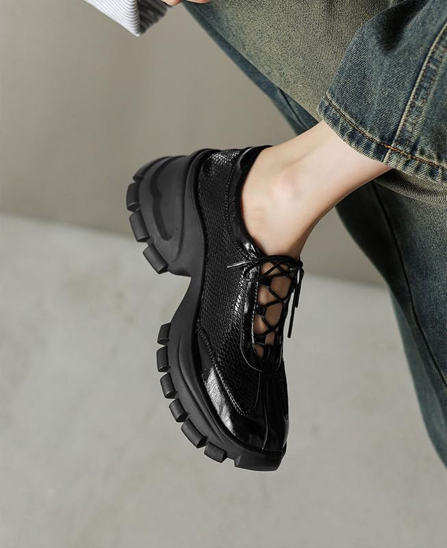 Women’s Chunky Platform Sneakers Mary Jane Shoes Soft Thick Sole Round Toe Hollow-Out Design Fashionable & Comfortable (Black/Silver)3