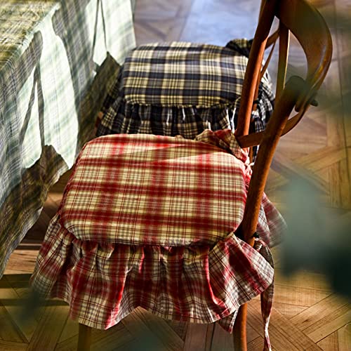 Plaid Ruffled Chair Cushion With Ties Country Style Tartan Kitchen Dining Chair Pad Super Soft Seat Cushion With Removable Cotton Cover (Red,17"X18") #TOP2