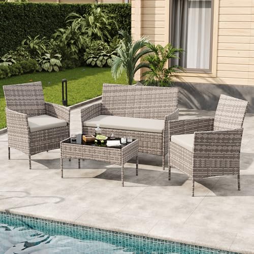 Image of GAOMON 4-Piece Patio Furniture Set, Modern PE Rattan Conversation Set with 2 Chairs, Loveseat & Tempered Glass Coffee Table, All-Weather Outdoor Seating for Garden, Porch, Balcony, Poolside