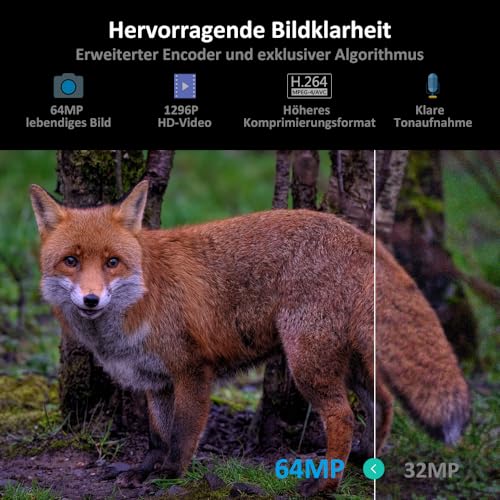 GardePro A3S Wildkamera 64MP 1296P H.264 Video Wildtierkamera mit Klarer 30m No Glow Infrarot, 0.1s...
