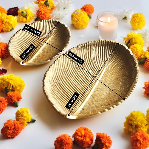 Image of BEHOMA Metal Leaf Shape Tray, 11 & 8 inch, Set of 2 | Set of 2 golden leaf-shape metal trays, 11 inch & 8 inch; perfect for haldi, mehendi & Navratri decor.