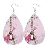 ZTHLL Faux Leather Teardrop Earrings For Women,Eiffel Tower and Roses Pattern Western Earrings For G