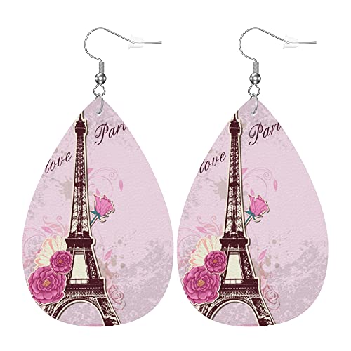 Zthll Faux Leather Teardrop Earrings For Women,Eiffel Tower And Roses Pattern Western Earrings For Girls Gift Drop Lightweight Dangle Earrings #TOP9