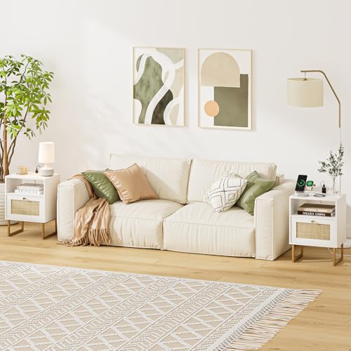 Image of Masupu Extra Large Rattan Nightstand with Charging Station,Boho Night Stand Modern Farmhouse Wood Bedside Table with Storage Drawer and Open Shelf,Side End Table for Bedroom,Living Room,Office White