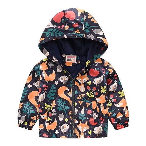 Toddler Girls Hooded Windbreaker Lightweight Waterproof Jacket Cartoon Print Outdoor Coat Boys Full Zip Rain Jacket