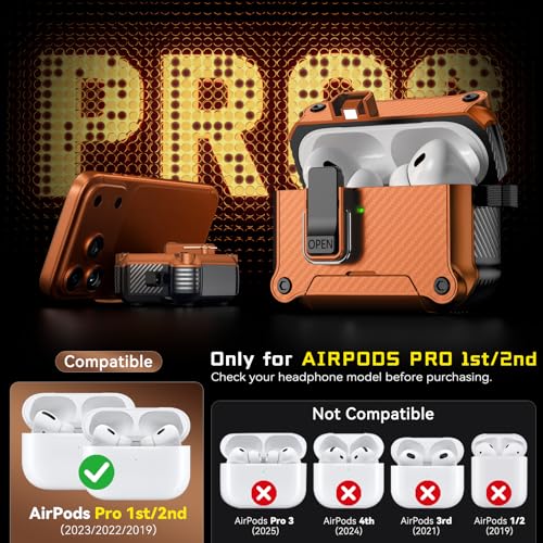 Image of Inesore for AirPods AirPods Pro 1st /2nd Case with Secure Lock (Orange) | Phone Stand Design,Compatible with MagSafe,Automatic Snap Switch Secure Cover Carbon Fiber Texture with Cleaner Kit