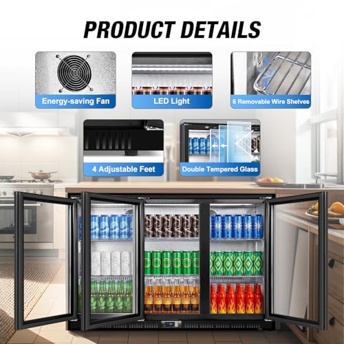 Image of Beverage Refrigerator, 53.15W Inch 12 Cu.Ft Drink Fridge, Back Bar Beer Fridge with 3 Glass Door, 35.43 inch Height Beverage Cooler, Built-in & Undercounter Commercial Back Bar Cooler for Kitchen Shop Bar