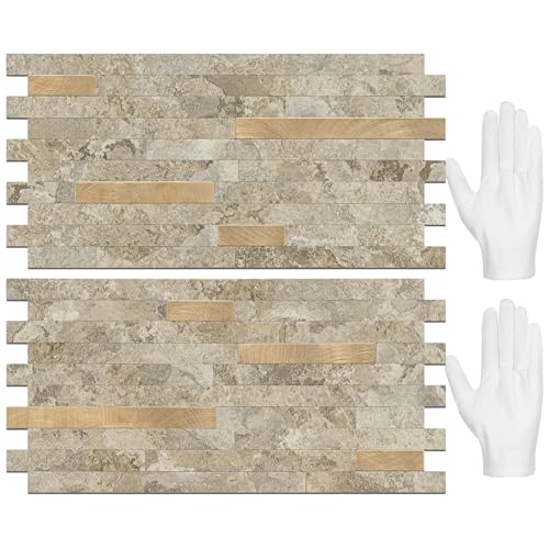 STICKGOO 20 Sheets Peel and Stick Backsplash Tile, Stick on Backsplash for Kitchen and Bathroom, Stone Beige Marble Look PVC Mixed Metal Gold Self Adhesive Wall Tiles 20 Stone Beige + Metal 