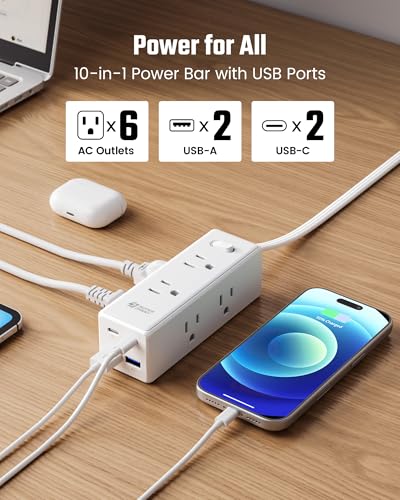 10 Ft Extension Cord, Surge Protector Power Bar with 6 Outlets & 4USB Ports (2 USB 2 C), Mountable Flat Plug Power Strip, Surge Protection for Home, Office, Dorm image 3
