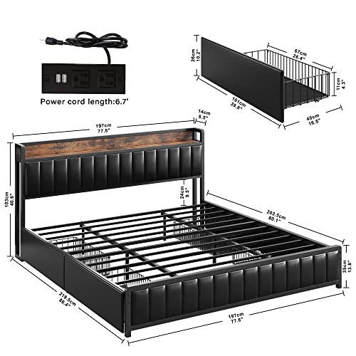 Anctor King Bed Frame With Storage Drawers Headboard & Footboard, Upholstered Platform Bed With Usb Ports & Outlets, No Box Spring Needed #TOP1