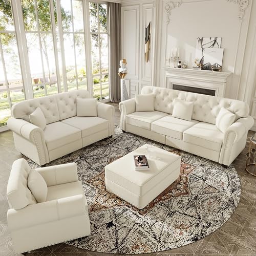 Image of KEIKI 3-Piece Chesterfield Sofa Set with Nailhead Trim, Rolled Arms, White | 6-Seater Couch Set with 1 Velvet 3-Seater Sofa, 1 Loveseat, 1 Single Sofa, 1 Ottoman, 6 Pillow, for Living Room
