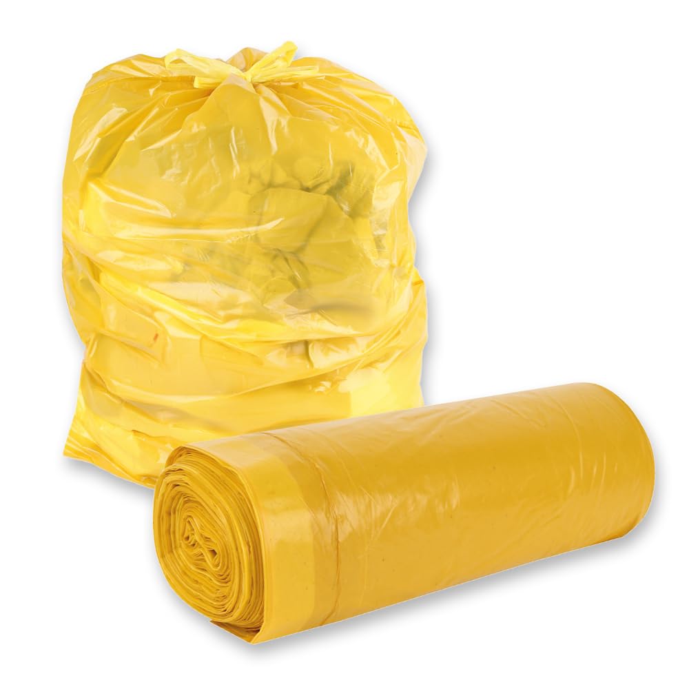 150 Stück, Müllsäcke, FRANZ MENSCH, 120 l, gelb, Zugband, LDPE, 45my, Rolle | 110 x 70 cm, recycelt, stabil, reißfest, Müllbeutel, Mülltüten, trash bags, für Mülltonnen, Garten