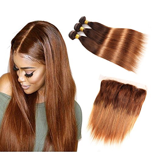 Brazilian Virgin Hair Ombre Straight Hair Bundles with Closure (18"closure+18"20"22"), 2 Tone Brazilian Human Hair Weave Bundles and Closure, T4/30 Medium Brown/Auburn