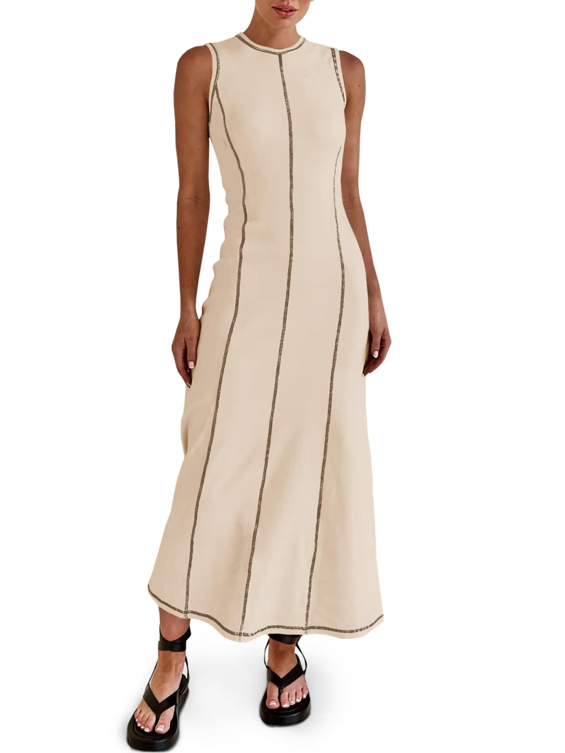 Wenrine Womens Sleeveless T Shirt Dress Summer Contrast Stitch Ribbed Knit Tank Maxi Dresses