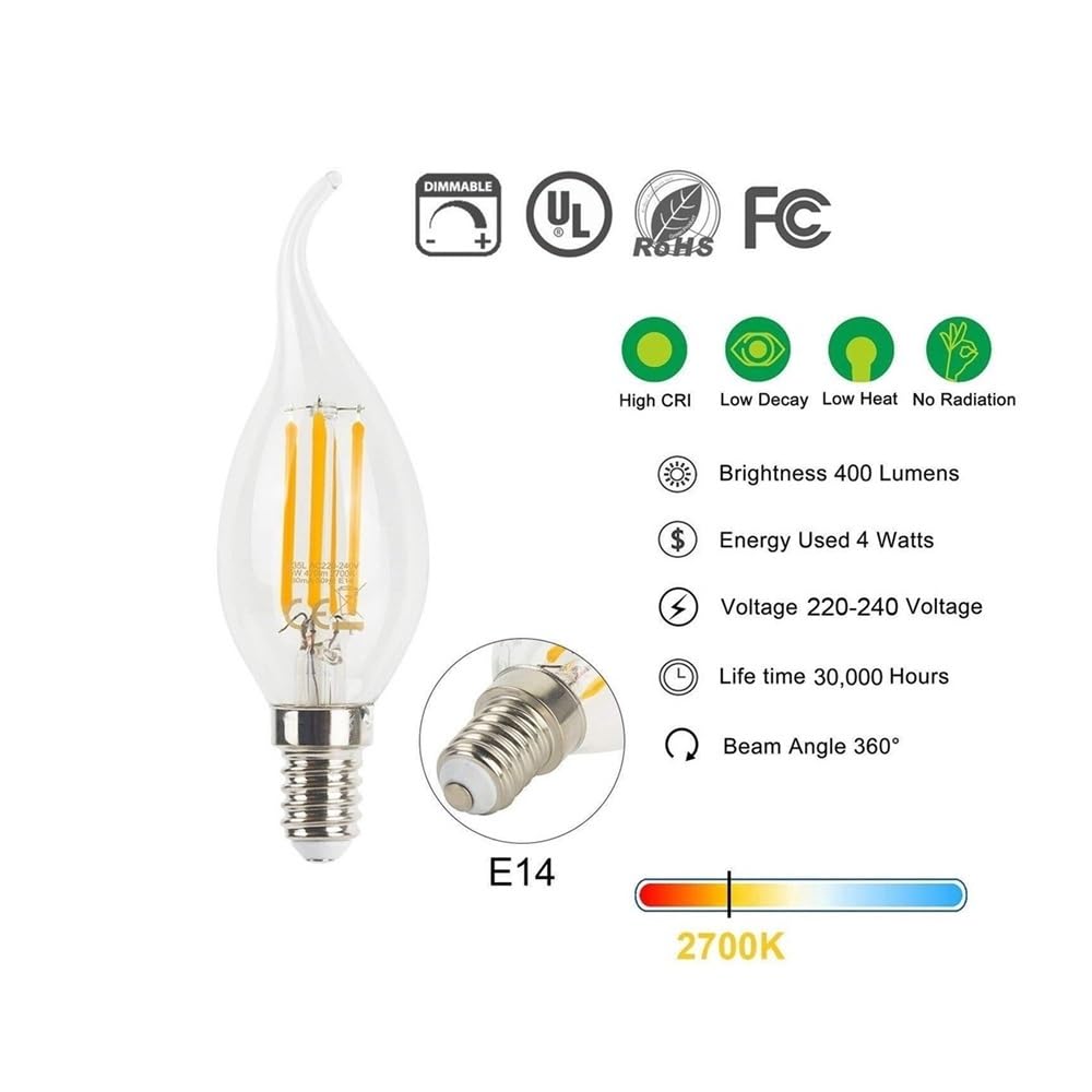 fengyan Casa bombillas, Paquete de 25, lámpara de filamento LED E14 AC220V 3.5W C35T 4 chips LED bombillas de vela regulables bombilla de punta doblada Familiar Lámpara