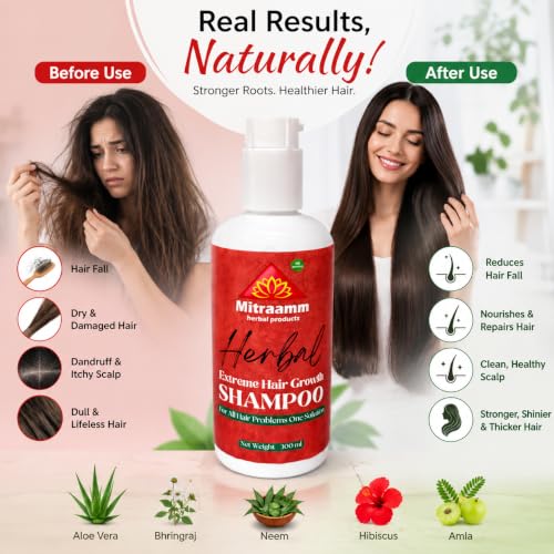 Image of Mitraamm Herbal Extreme Hair Growth Shampoo 300ml for Men & Women | Natural Hair Fall Control & Scalp Nourishing Sulphate & Parabean Free Shampoo | Ayurvedic Herbal Cleanser for Strong, Thick & Healthy Hair