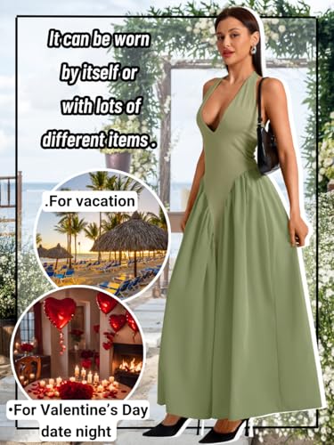 Image of ChiaoLezhee Deep V Neck Dress, Halter Maxi Dresses, Vacation Date Night, Sexy for Women Corset Flowy Wedding Guest Drop Waist