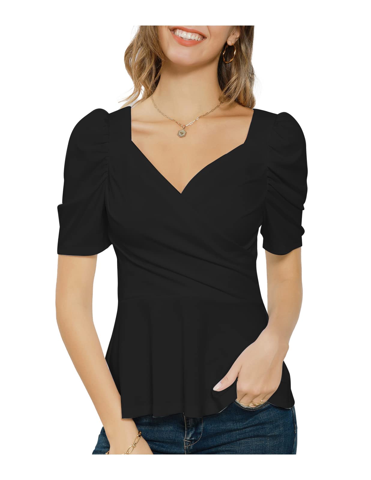 Grace Karin Haut péplum à Manches Courtes et col en V pour Femme, Noir, XX-Large