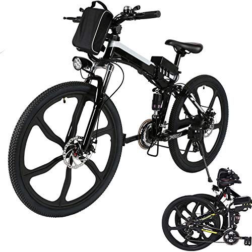 Aceshin 26\'\' Folding Electric Mountain Bike with Removable Large Capacity Lithium-Ion Battery (36V 250W), Electric Bicycle 21 Speed Gear and Three Working Modes (Black/White)