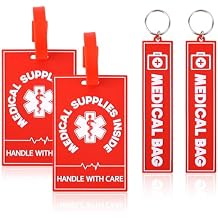 4pcs Medical Alert Tags for Bag, 2 Styles Medical Device Luggage Tag with Straps Information Cards & Key Ring for Professional Equipment Travel Suitcases Backpack