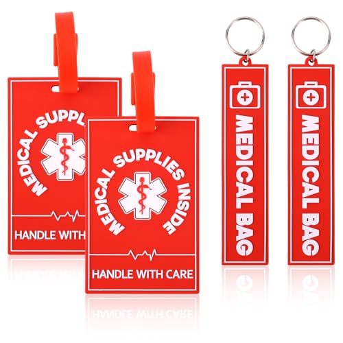 4pcs Medical Alert Tags for Bag, 2 Styles Medical Device Luggage Tag with Straps Information Cards & Key Ring for Professional Equipment Travel Suitcases Backpack