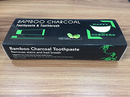 Happy Corners Activated Charcoal Toothpaste For Teeth Whitening with Bamboo Charcoal, Peppermint Extract, Premium Quality Black Toothpaste and Soft Bristle Toothbrush