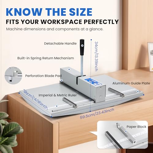 Mxmoonant 2 in 1 Manual Creasing & Perforating Machine 13.4\'\' with Positioning Blocks, Metric/Imperial Scale, 70-450g for Creaser/70-250g for Perforation, for Invitations Cards, Brochures, Covers