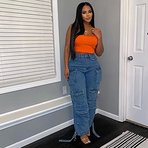 Womens High Waisted Baggy Cargo Jeans Straight Wide Leg Y2K Cargo Denim Pants with Flap Pockets4