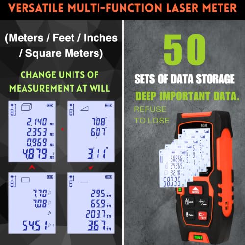 Image of Kwetmo Laser Measuring Device- 60 mtr Laser Distance Meter-Digital Measuring Tape-Distance Measurement Laser Machine with Mute Function Large LCD Backlit, Pythagorean Mode (60 MTR, Black)