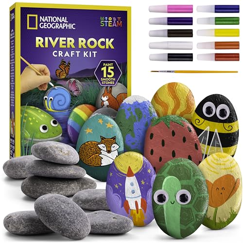 National Geographic Rock Painting Kit - Arts & Crafts Kit for Kids Decorate 15 Rocks with 10 Paint Colours & Art Supplies Kids Art & Craft Kit
