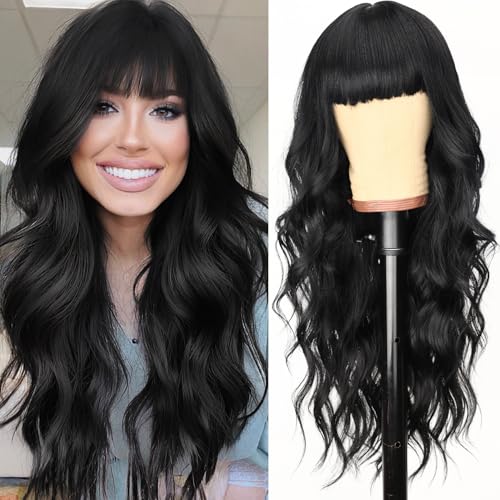 AISI HAIR Black Wig with Bangs Long Wavy Synthetic Wig