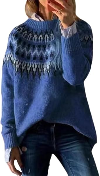 ZOCAVIA Womens Vintage Fair Isle Knitted Sweater Casual Oversized Long Sleeves Crewneck Striped Sweater Pullover Tops