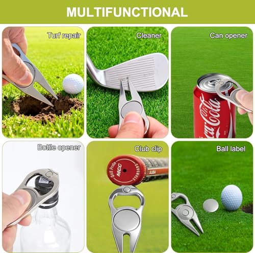 VOSSOT 2 Stück Pitchgabel Golf Edelstahl, Pitchgabel mit Pop-up-Taste und Magnetische Golfballmarker, Pitchfork Golf Divot Reparaturgabel Pitchgabeln für Golf Club-Sport im Freien